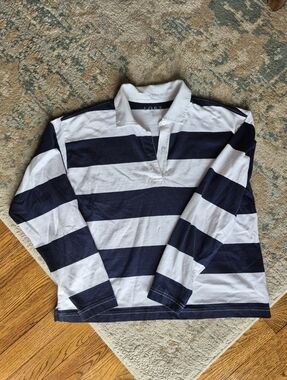 LOFT Navy and White Striped Rugby Polo Sz Small